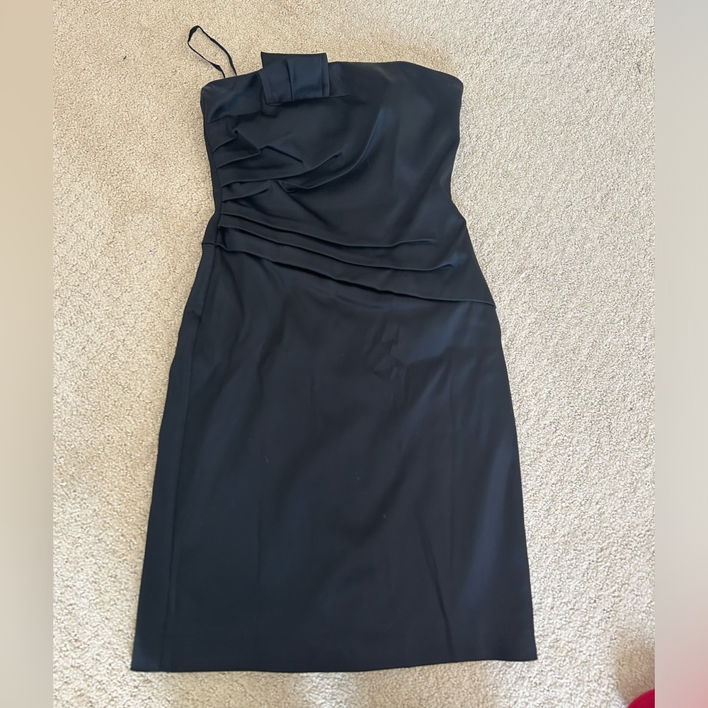 Strapless black mini dress with slit in back